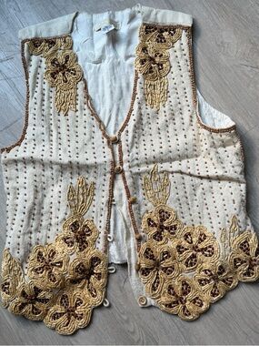 Hand-Beaded Cream Floral Vest with Brown Accents